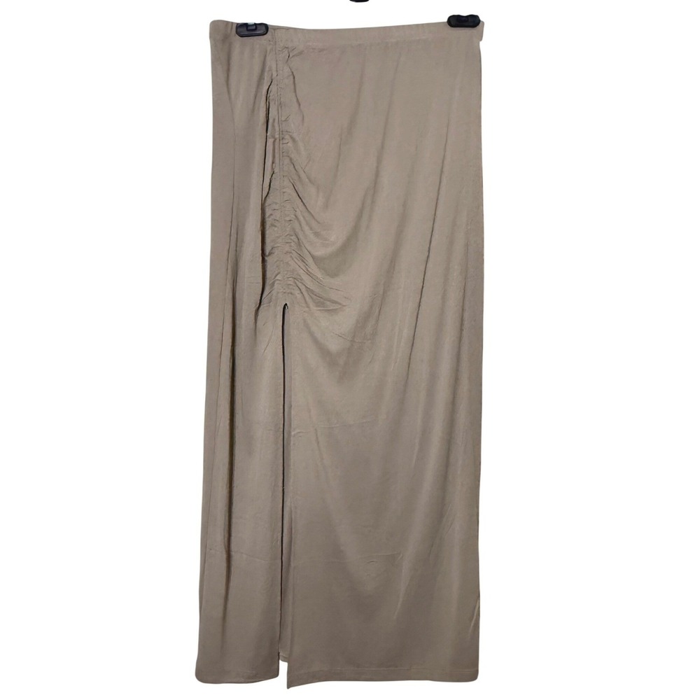 Ruched Draped High Waist Thigh High Side Split Long Maxi Skirt Women S Beige NEW